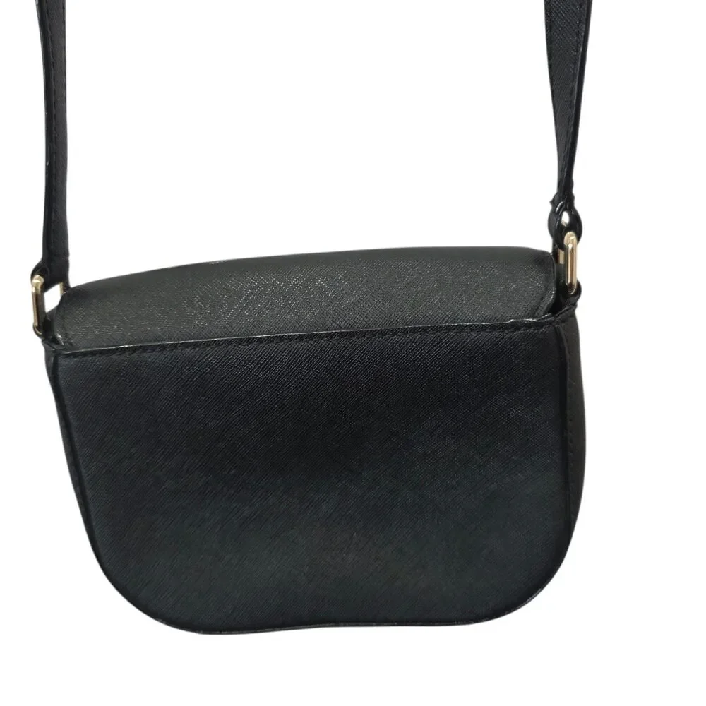 Kate Spade New York Black Crossbody Bag Saffiano Leather Flap Purse Gold